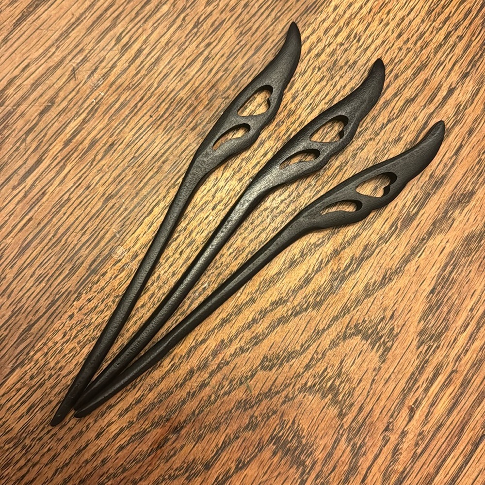 3 Etsy Hair Sticks heart wooden dark brown black new 7 1/2 inches Set of three